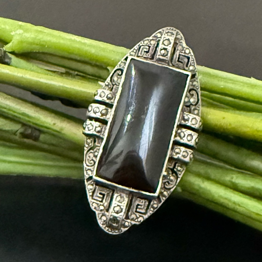 Vintage Art Deco Filigree Sterling Silver Black Onyx Marcasite Ring Size 7.5 24g